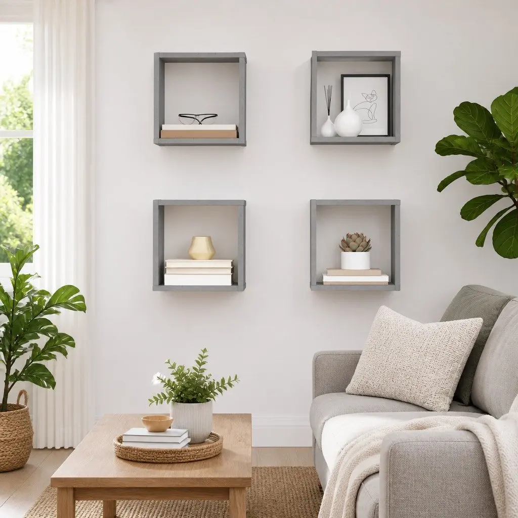 Wall Cube Shelves 4 pcs Grey Floating Storage Display Organiser Living Room