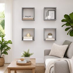 Wall Cube Shelves: 4 Grey Floating Organisers 26x15x26 cm