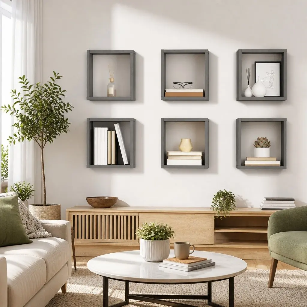 Wall Cube Shelves 6 Pieces Grey Floating Storage Display Organiser