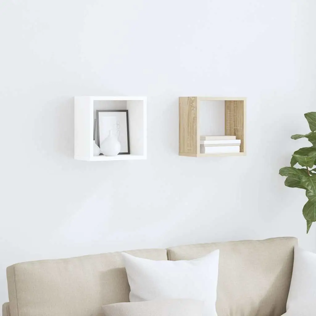 Wall Cube Shelves Floating Storage Display White Sonoma Oak 26x15x26cm Set of 2