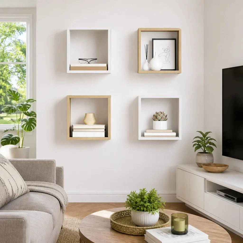 Wall Cube Shelves for Living Room Bedroom Kitchen 26 x 15 x 26 cm White Sonoma Oak 4 Piece Floating Storage Display Organizer