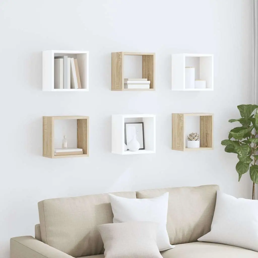 Wall Cube Shelves Set 6 Pieces for Living Room Bedroom Kitchen White Sonoma Oak 26cm