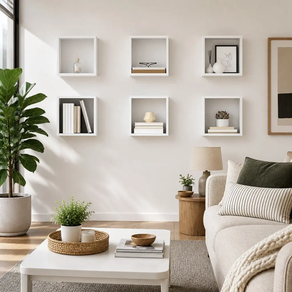 6 Piece Floating Cube Shelves Set for Wall Display Storage in White for Home Decor