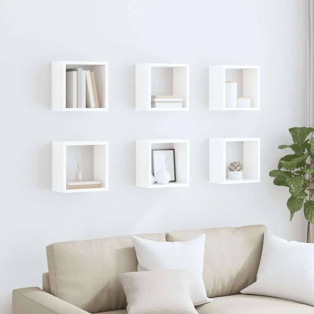 6 Piece Floating Cube Shelves Set for Wall Display Storage in White for Home Decor