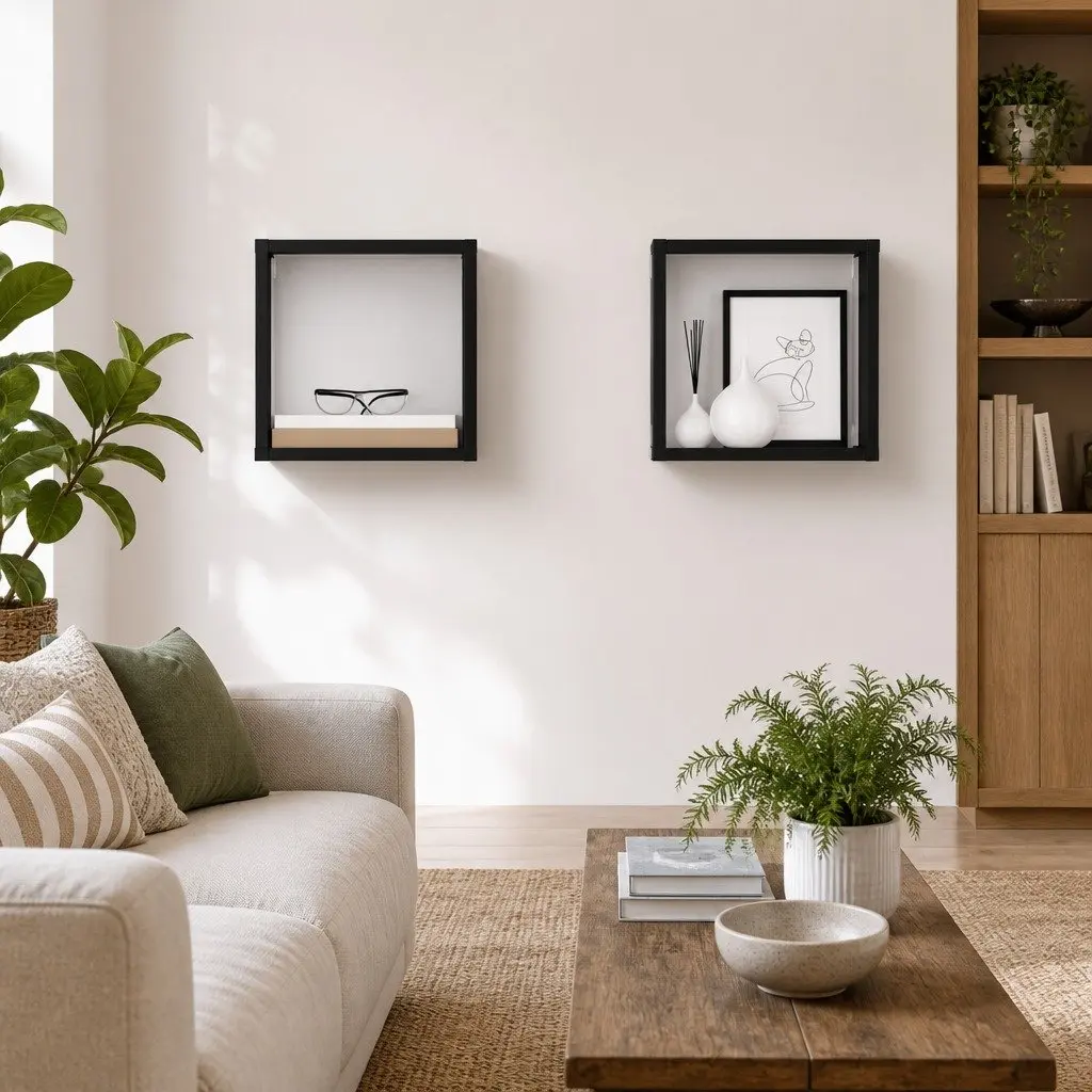Wall Cube Shelves 2 Piece Floating Storage Display Organizer for Living Room Bedroom Kitchen Grey 26x15x26 cm