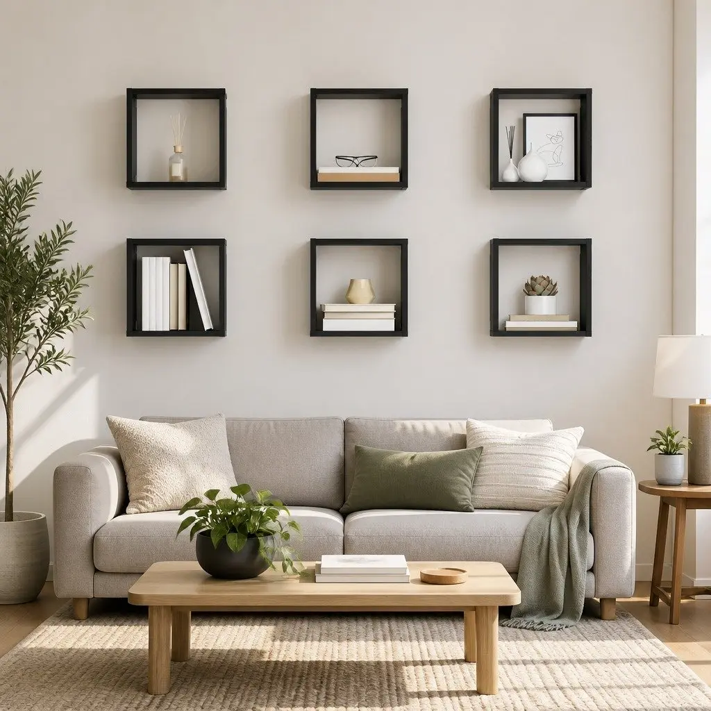 Wall Cube Shelves 6 Pieces Grey Floating Storage Display Organizer for Living Room Bedroom Kitchen