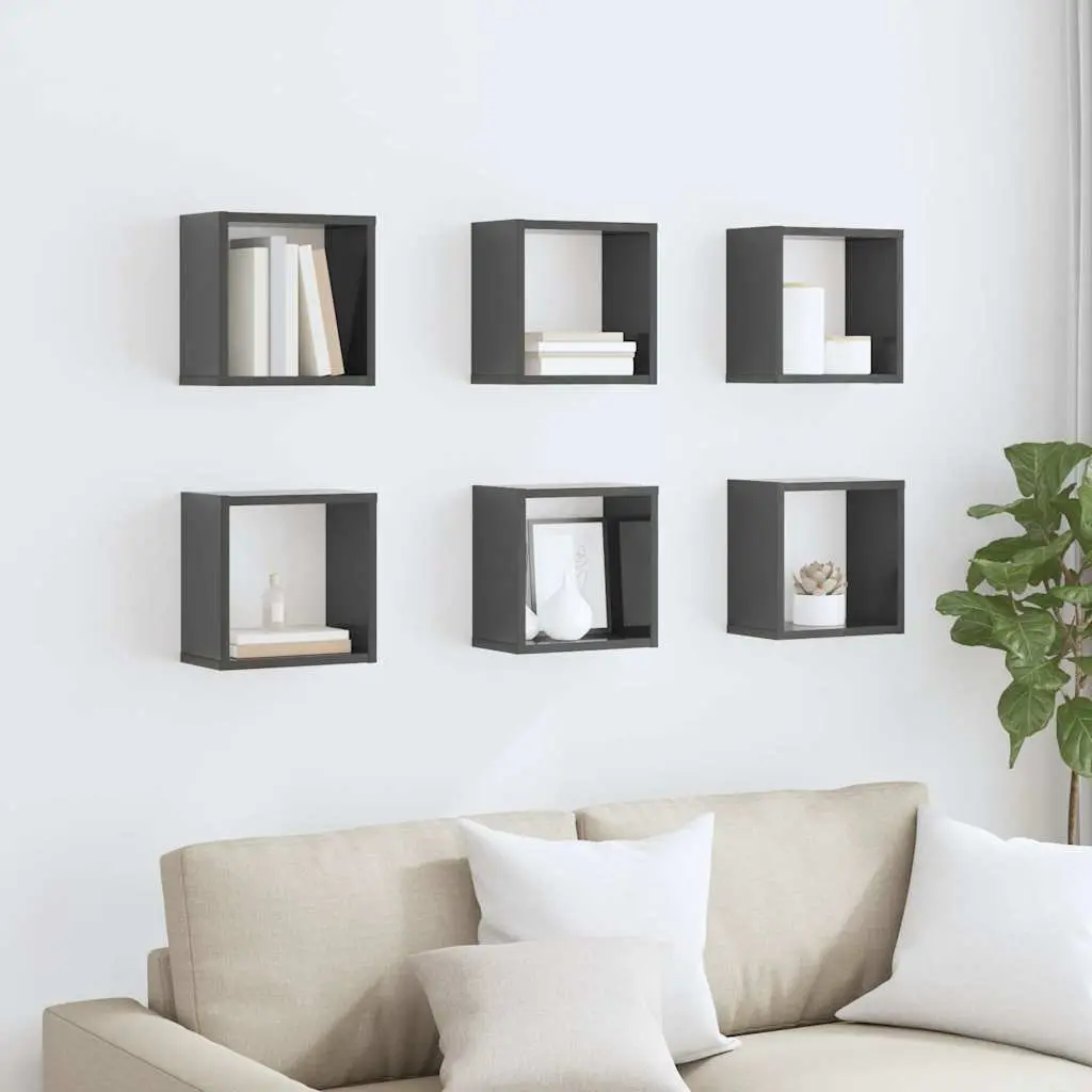 Wall Cube Shelves 6 Pieces Grey Floating Storage Display Organizer for Living Room Bedroom Kitchen