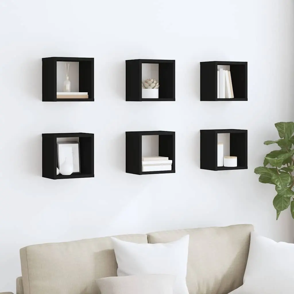 Black Floating Storage Display Organizer Wall Cube Shelves Set of 6 for Home Use 22x15x22cm