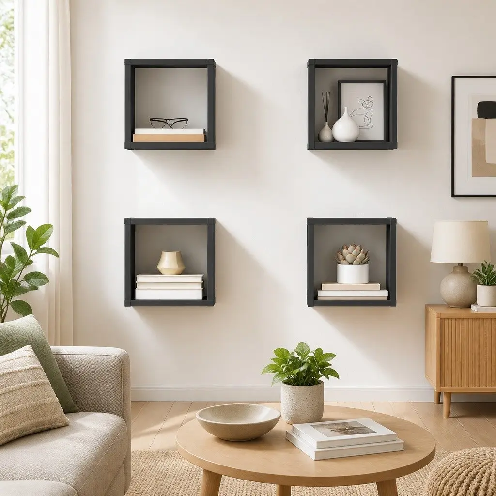 Floating Cube Shelves Set 4 Pieces Grey Wall Mounted Storage Display for Living Room Bedroom Kitchen