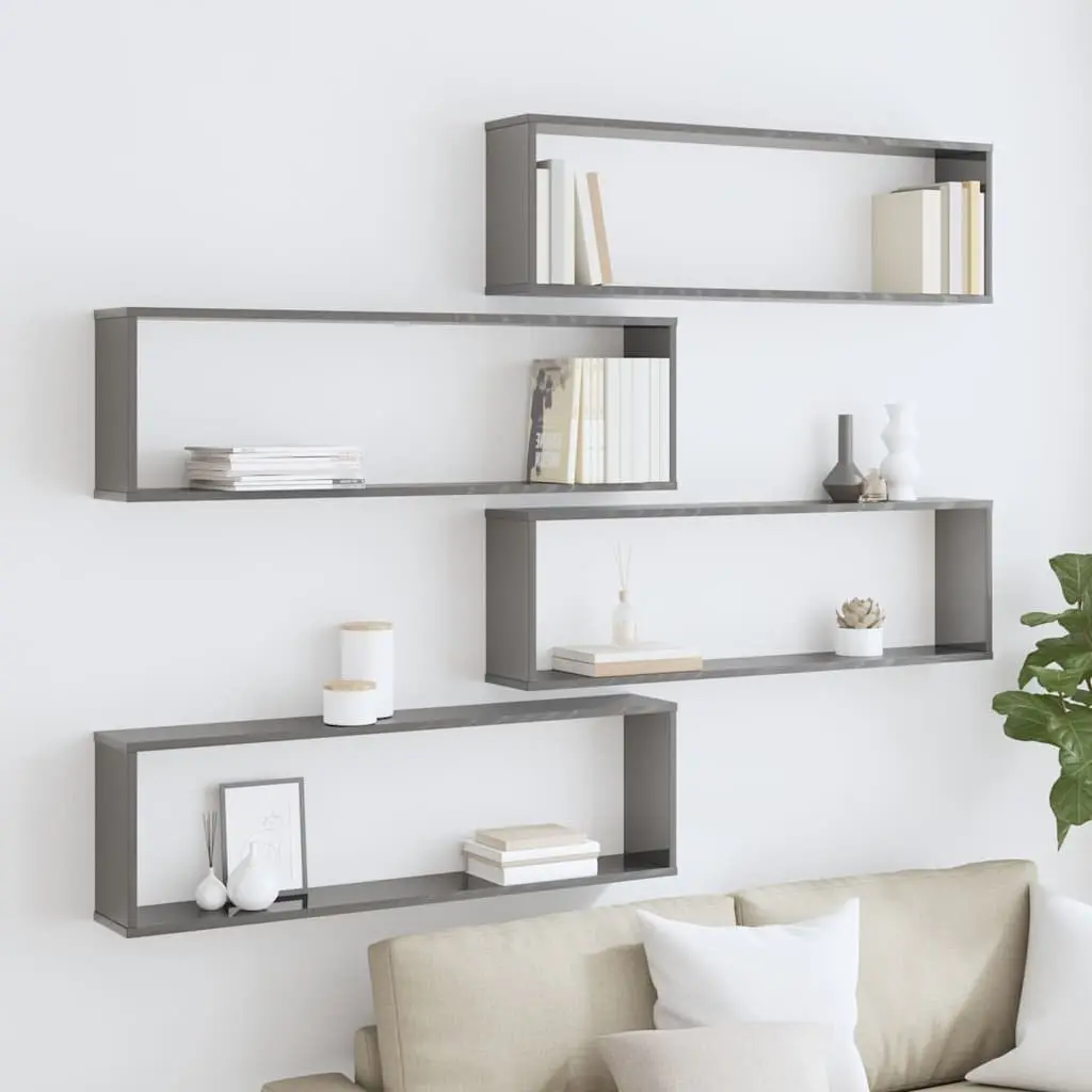 Wall Cube Shelves 4 pcs High Gloss Grey Floating Storage Display Organiser