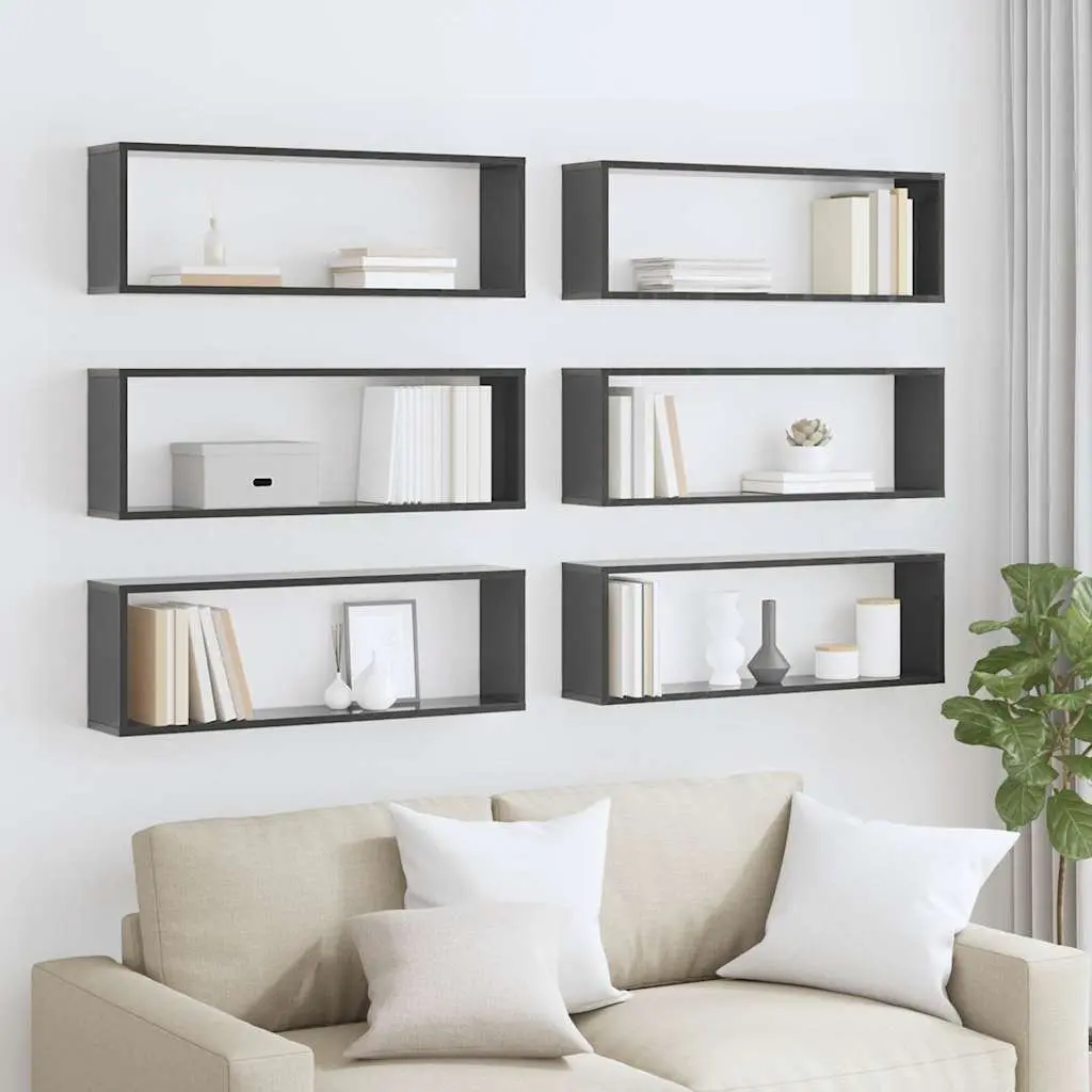 Grey Floating Cube Shelves 6 Piece Set Wall Mounted Storage Display Unit