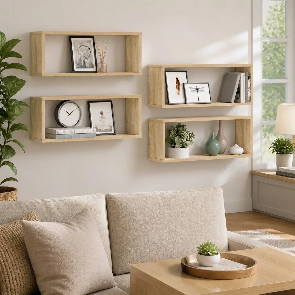 Wall Cube Shelves for Home Decor 60W x 15D x 23H cm Brown Floating Storage Display Organiser Set of 4