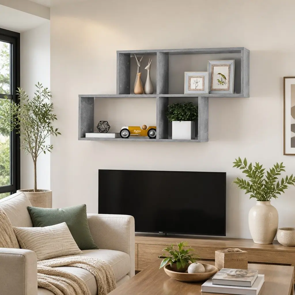 Wall Shelf Living Room Bedroom 100x18x53cm Engineered Wood Grey Concrete Display Storage Organizer
