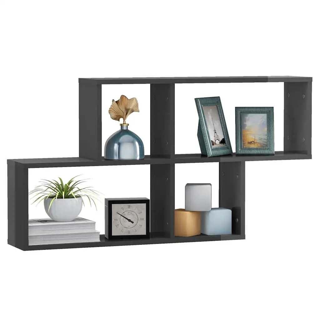 Wall Shelf Grey High Gloss Display Unit Floating Cube Storage Shelving Decor
