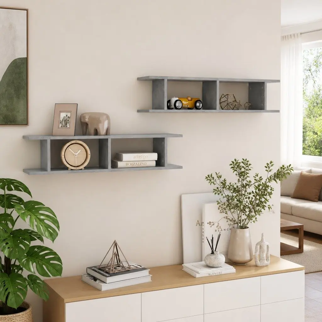 Wall Shelves 2 Piece Grey Floating Display Cube Storage Bedroom Living Room Decor