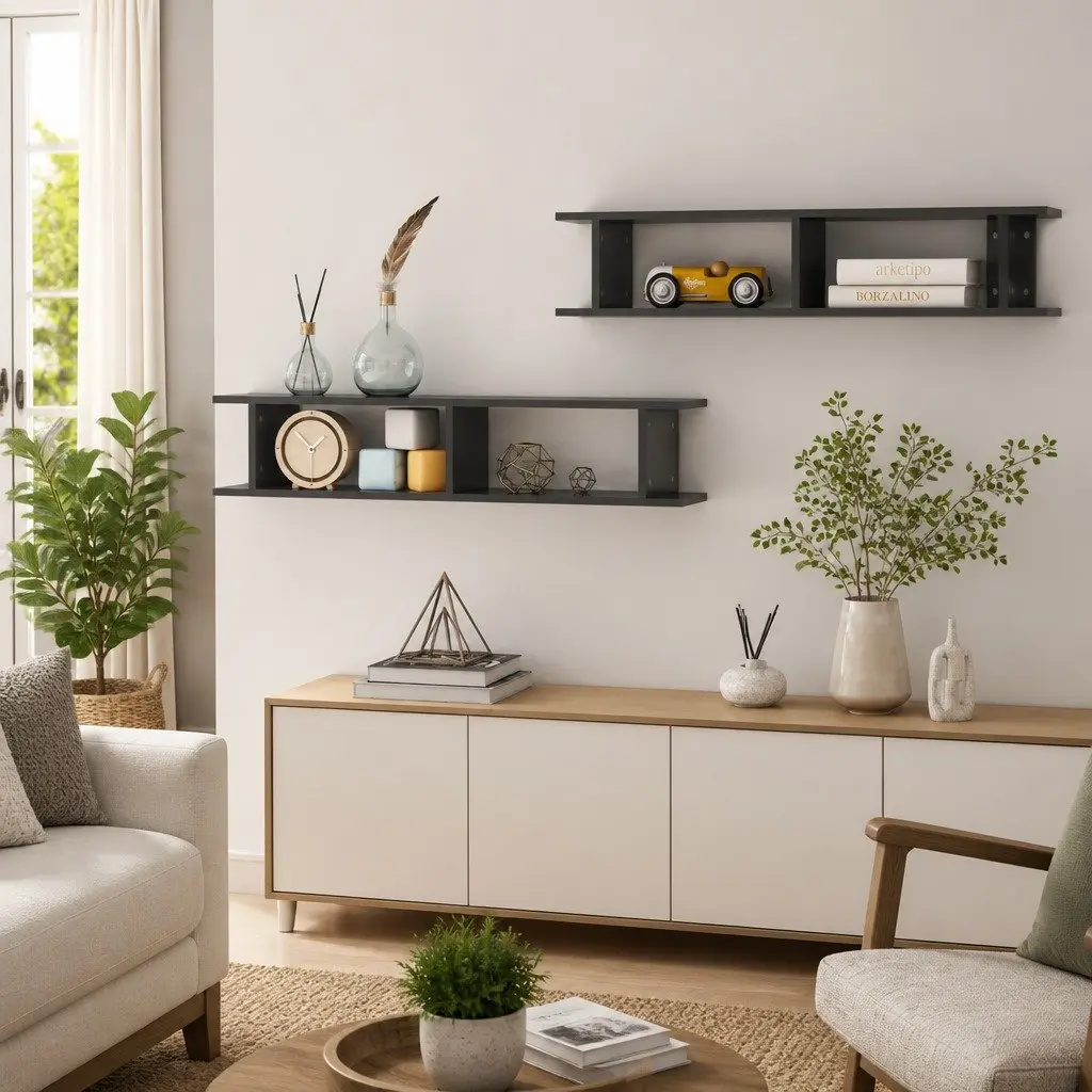 Wall Shelves Floating Cube Display Storage Grey 2 Piece Bedroom Living Room Decor