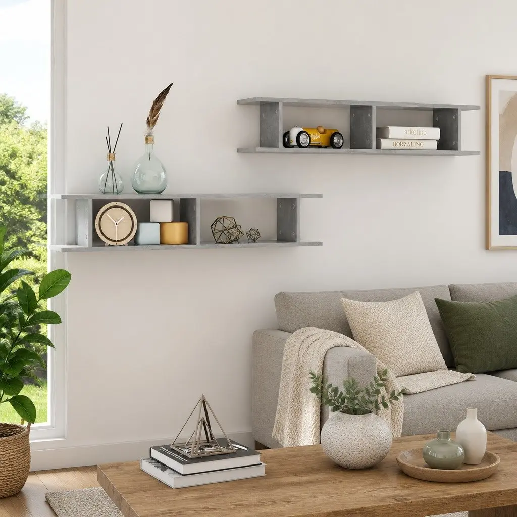 Wall Shelves for Living Room Bedroom Grey Cube Display 2 Piece