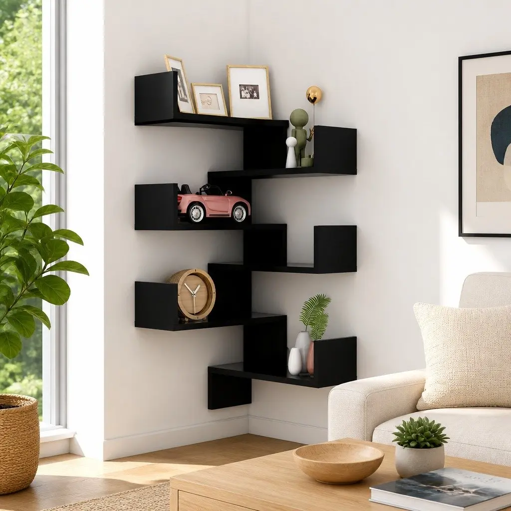 Wall Corner Shelves Storage Display Black 40x40x50 cm 2 Piece