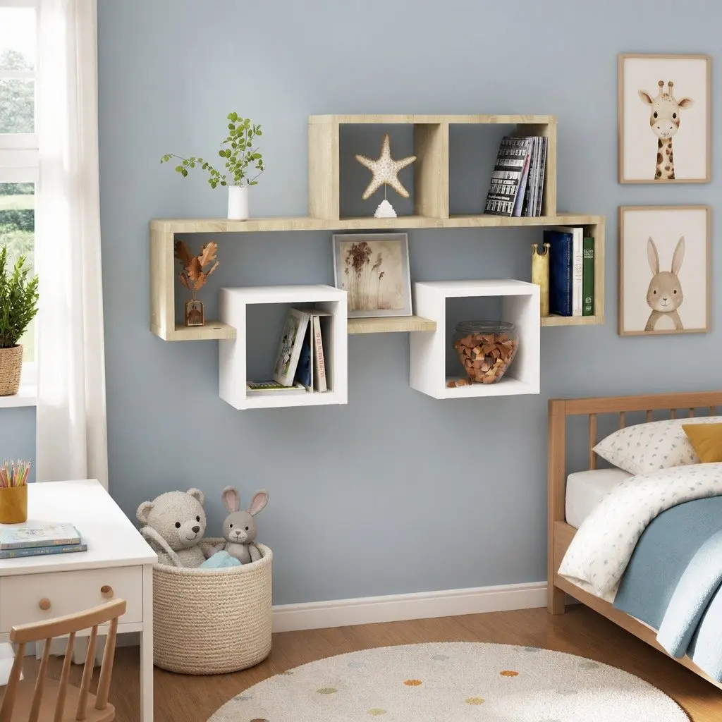 Car-Shaped Wall Shelf for Interior Use 82W x 15D x 51H cm White Sonoma Oak Engineered Wood Storage Display Organizer