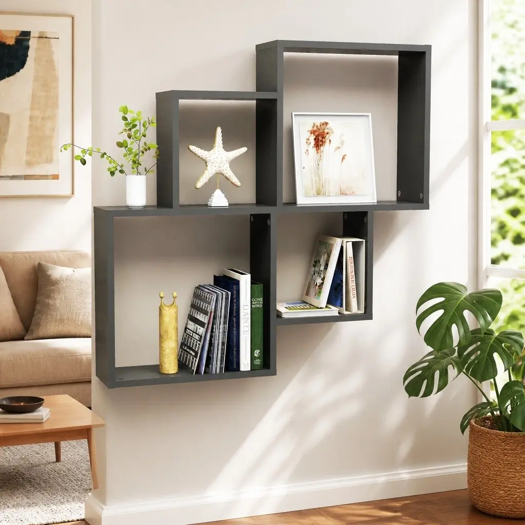 Grey Wall Cube Shelf with Open Compartments