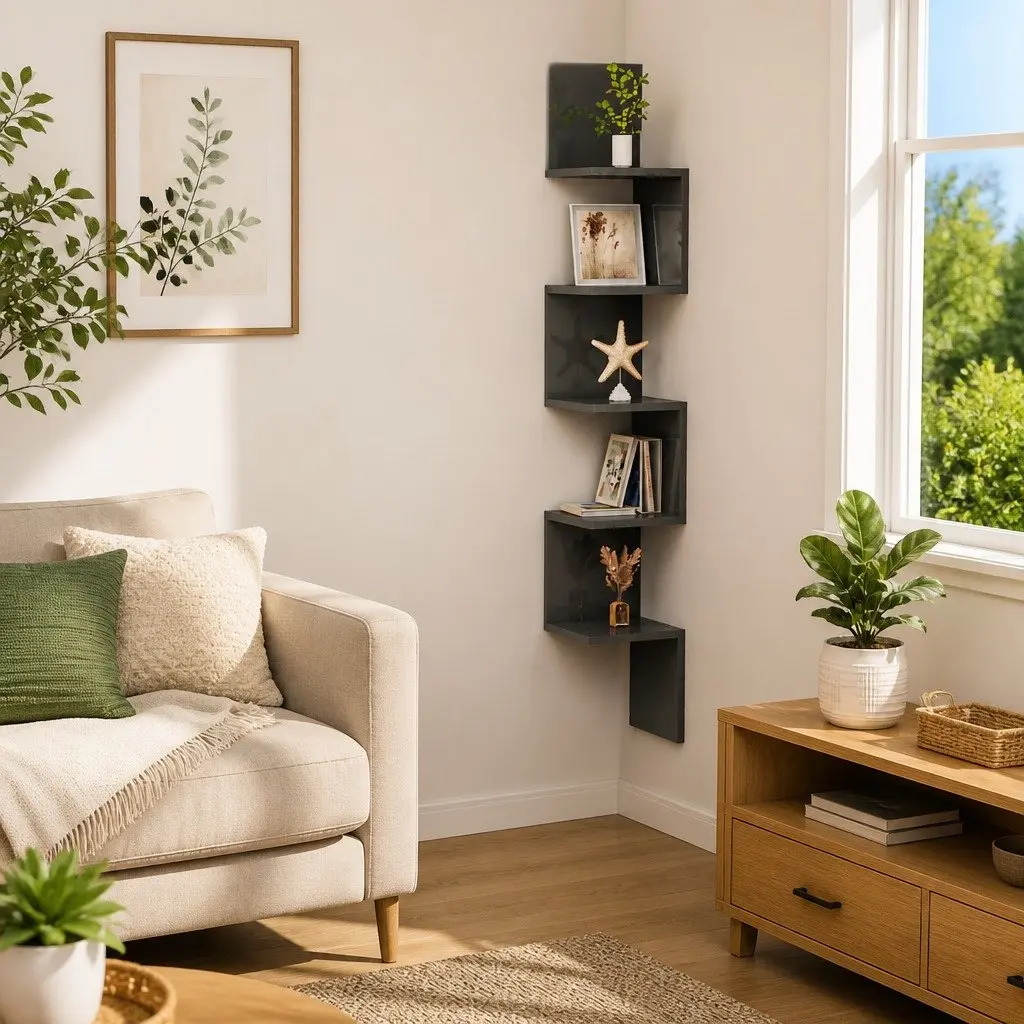 Wall Corner Shelf Grey High Gloss for Living Room Bedroom Kitchen 20 x 20 x 127.5 cm