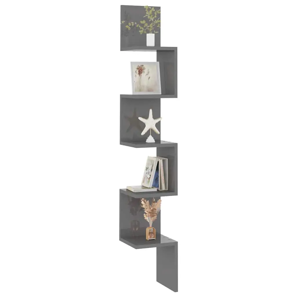 Wall Corner Shelf Grey High Gloss for Living Room Bedroom Kitchen 20 x 20 x 127.5 cm