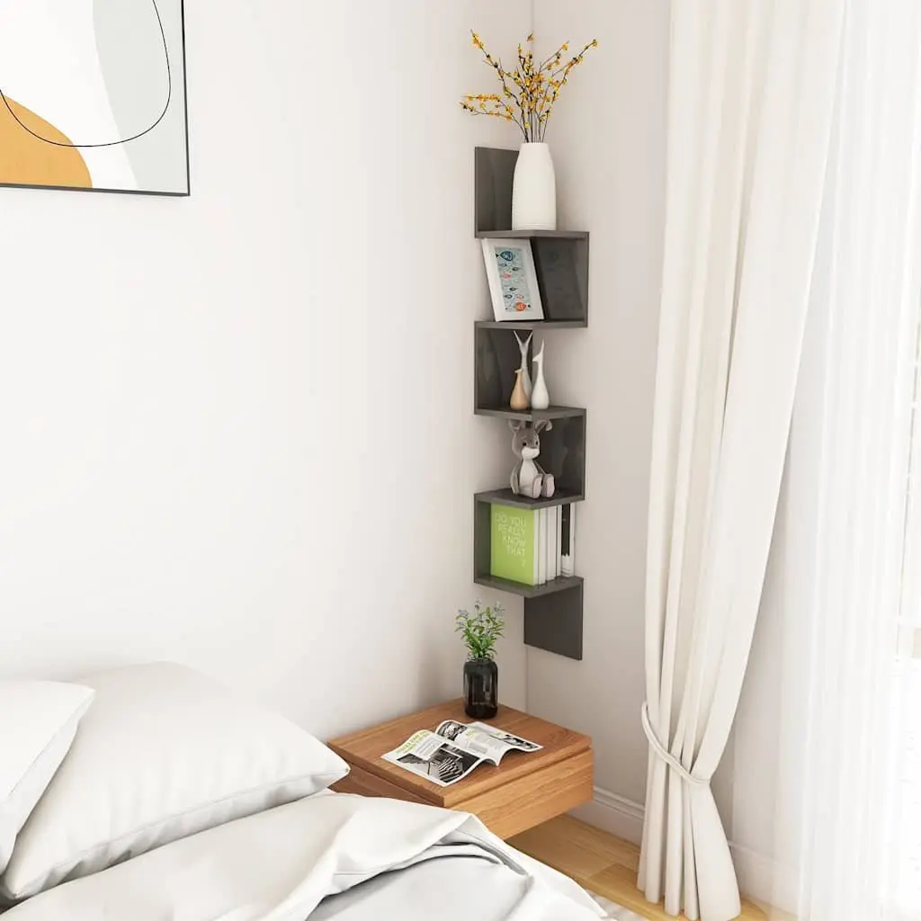 Wall Corner Shelf Grey High Gloss for Living Room Bedroom Kitchen 20 x 20 x 127.5 cm