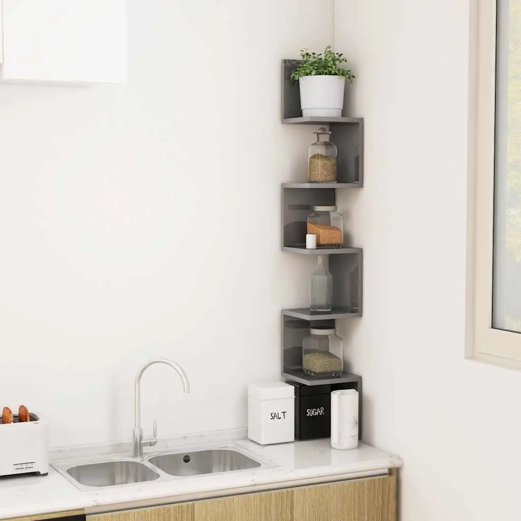 Wall Corner Shelf Grey High Gloss for Living Room Bedroom Kitchen 20 x 20 x 127.5 cm