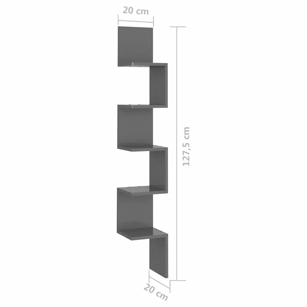 Wall Corner Shelf Grey High Gloss for Living Room Bedroom Kitchen 20 x 20 x 127.5 cm