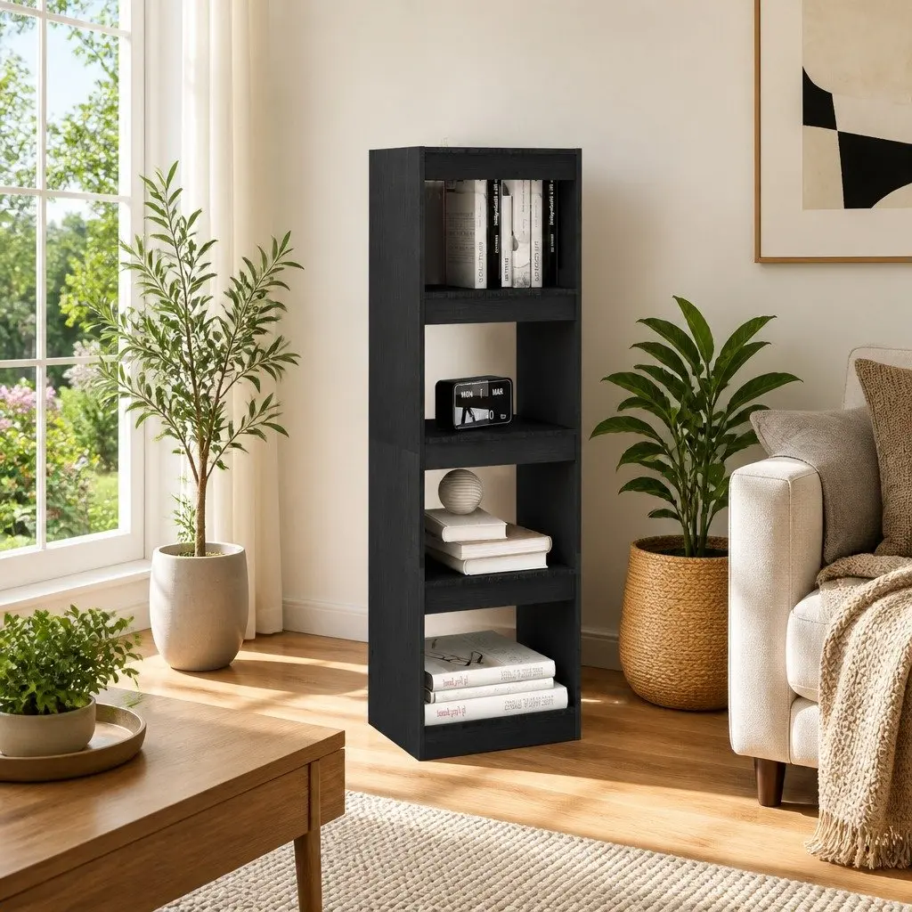 Grey Pinewood Storage Organizer Bookcase Room Divider 4 Compartment Shelving Unit