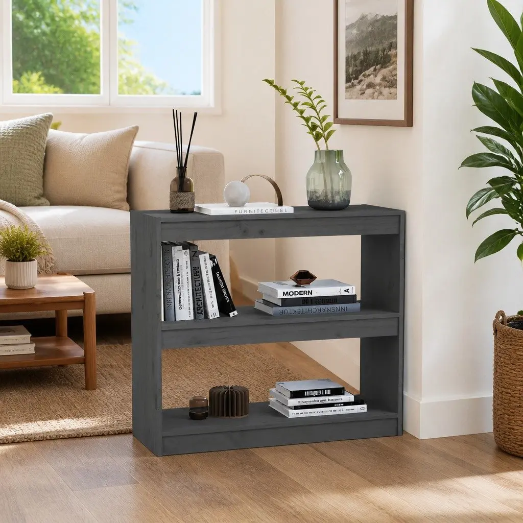 Grey Solid Pinewood Bookcase Shelving Unit Room Divider 80W x 30D x 71.5H cm
