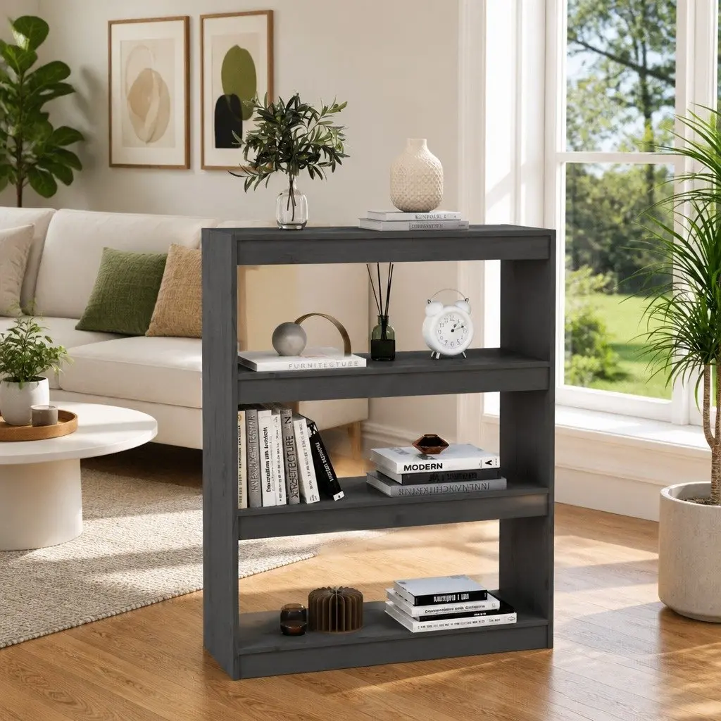 Grey Solid Pine Wood Book Shelf Storage Organizer Room Divider 3 Compartment