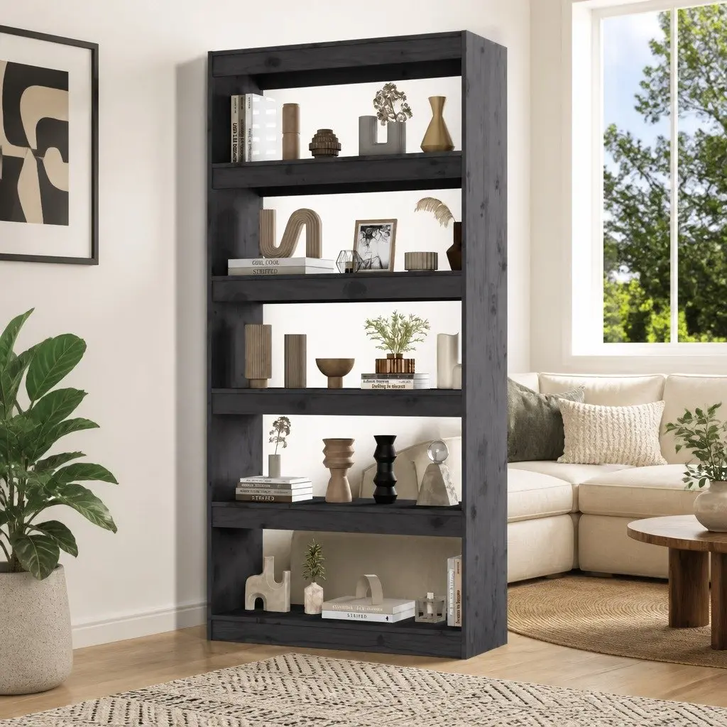 Grey Solid Pine Wood Bookcase Room Divider 80x30x167.4 cm Storage Unit