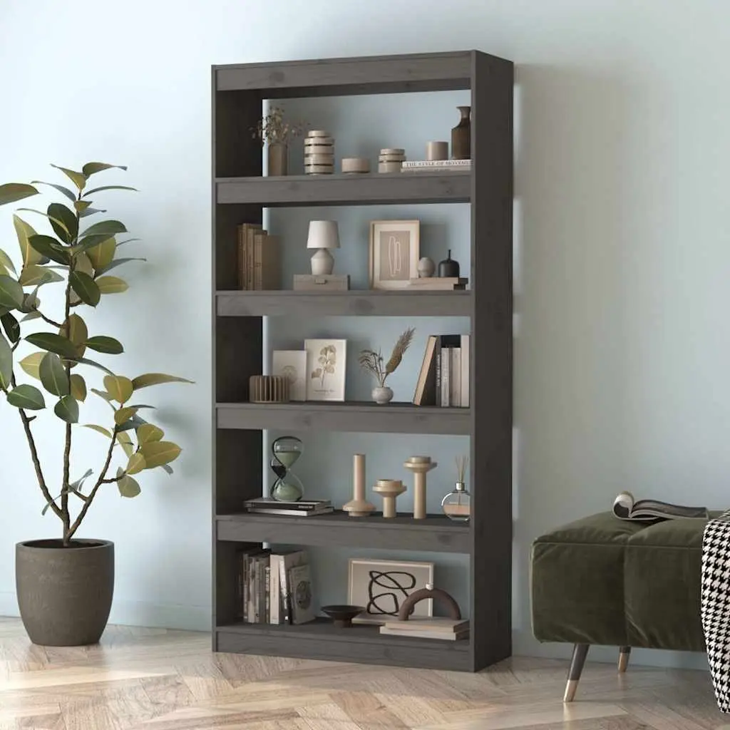 Grey Solid Pine Wood Bookcase Room Divider 80x30x167.4 cm Storage Unit