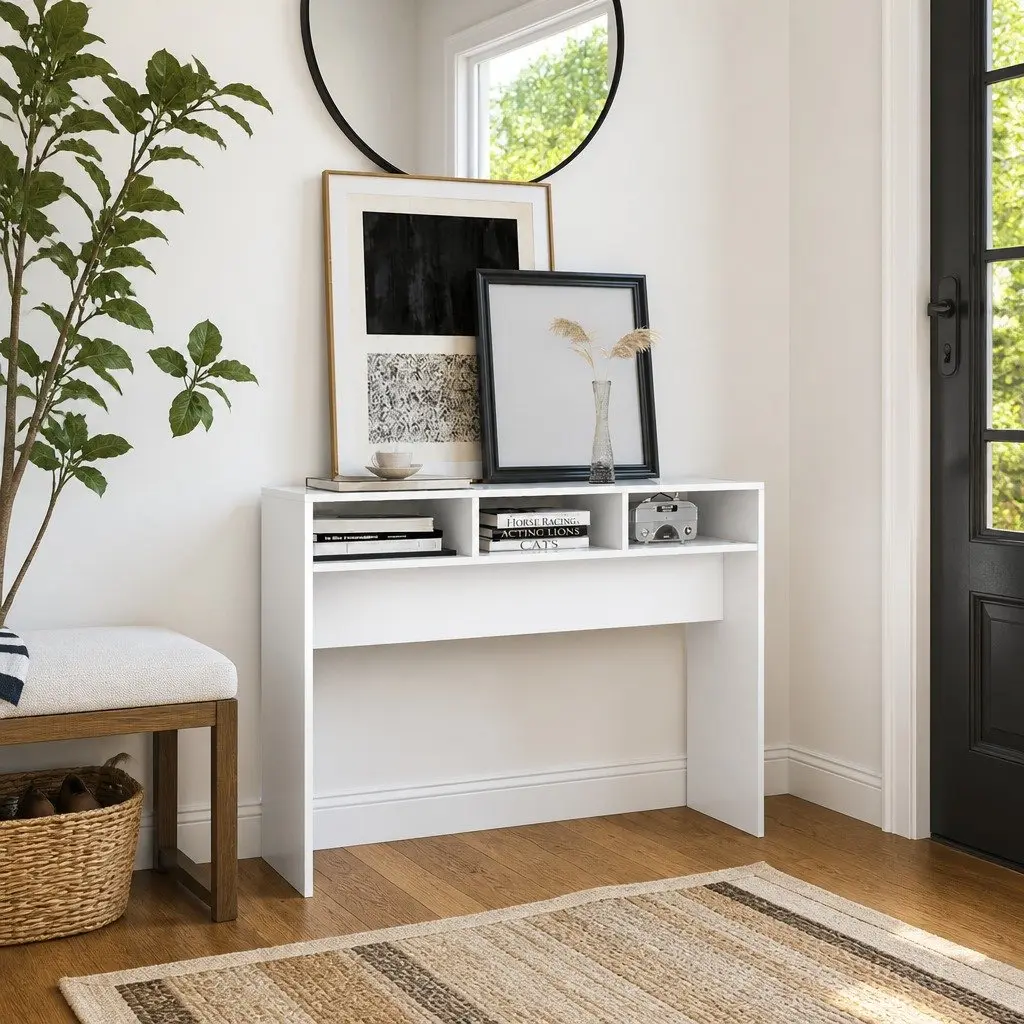 White Engineered Wood Console Table, 105x30x80cm