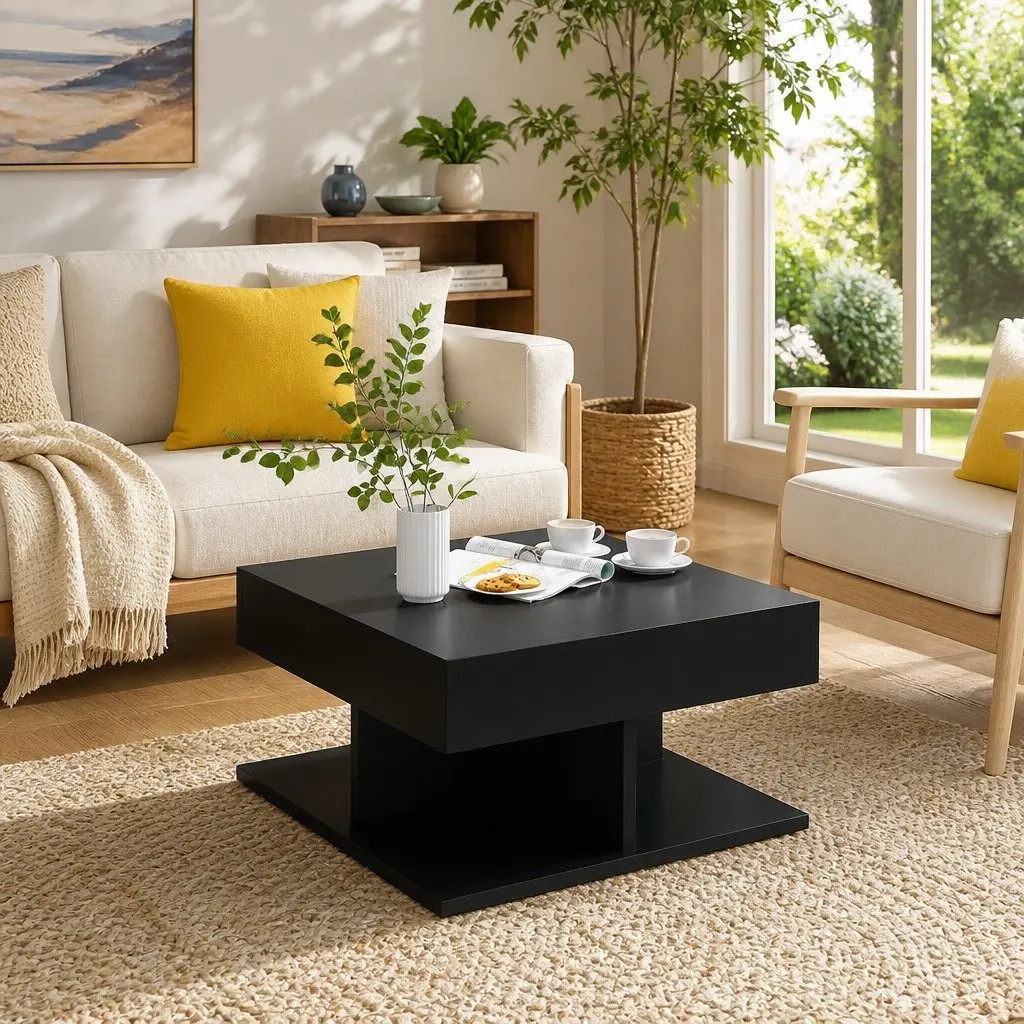 Coffee Table Living Room Black Square Engineered Wood 57L x 57W x 30H cm