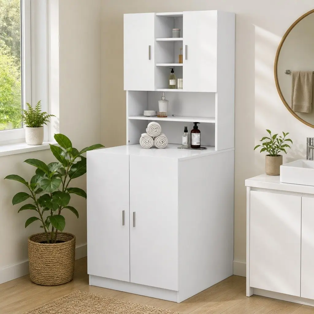 White Bathroom Storage Cabinet 70.5x25.5x90cm with 9 Compartments
