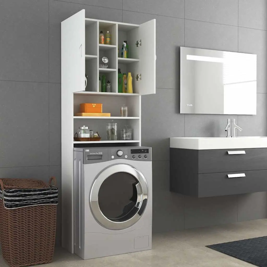 Washing Machine Cabinet Bathroom Storage 2 Doors 9 Compartments White