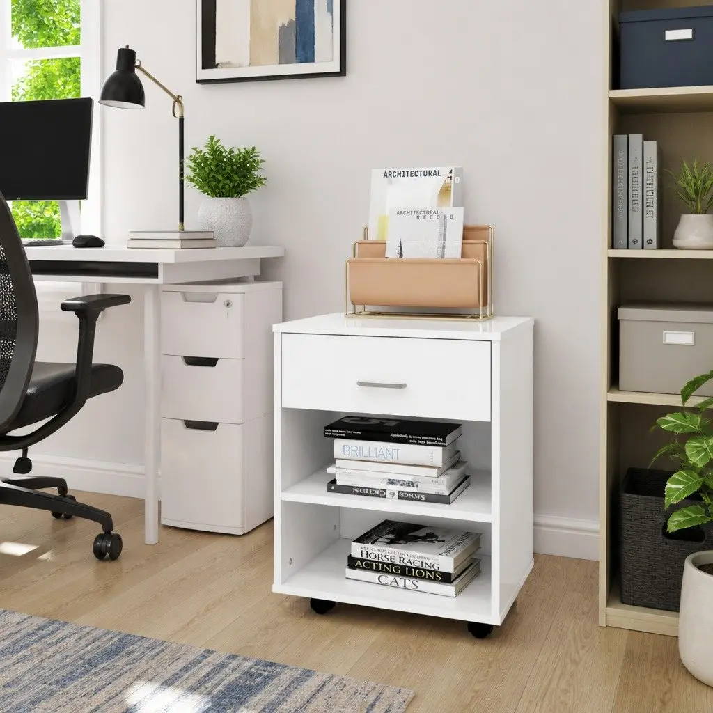 Rolling Storage Cabinet White Engineered Wood Mobile Printer Desk Organizer