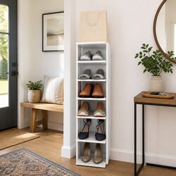 6-Shelf Shoe Cabinet in White Engineered Wood, 102 cm Tall