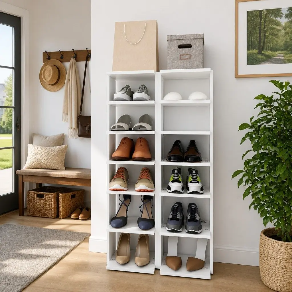 Shoe Cabinet for Home 27.5x27x102cm White Storage Organiser 6 Shelves Narrow Corner 2 Piece