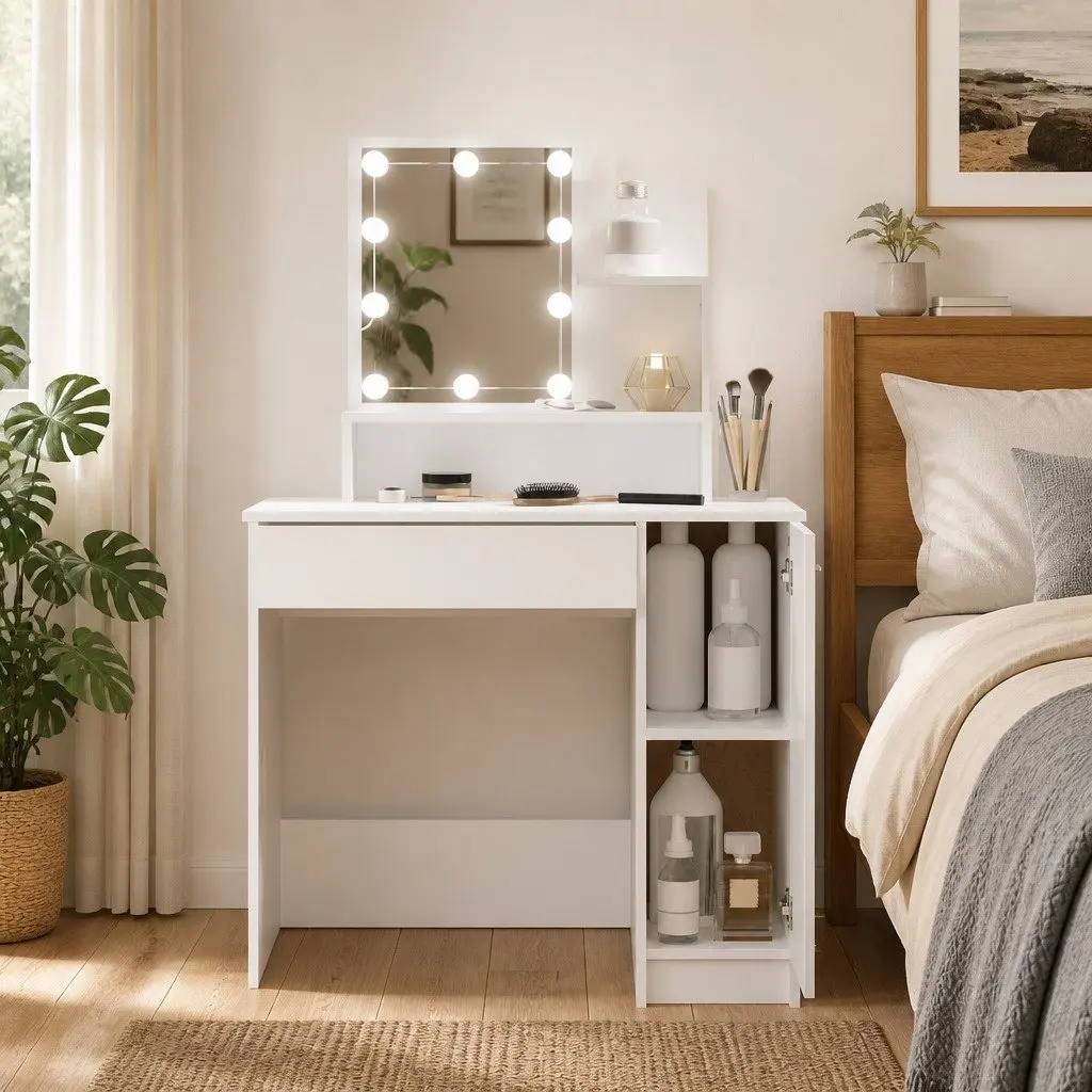 Dressing Table for Bedroom with LED Mirror 86.5 x 35 x 136 cm White