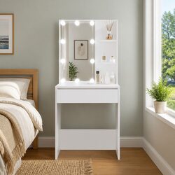 White Dressing Table Specifications: LED Mirror & Storage