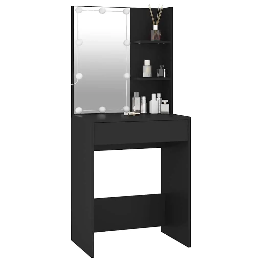 Black Dressing Table with LED Mirror Lights USB Vanity Makeup Desk Storage