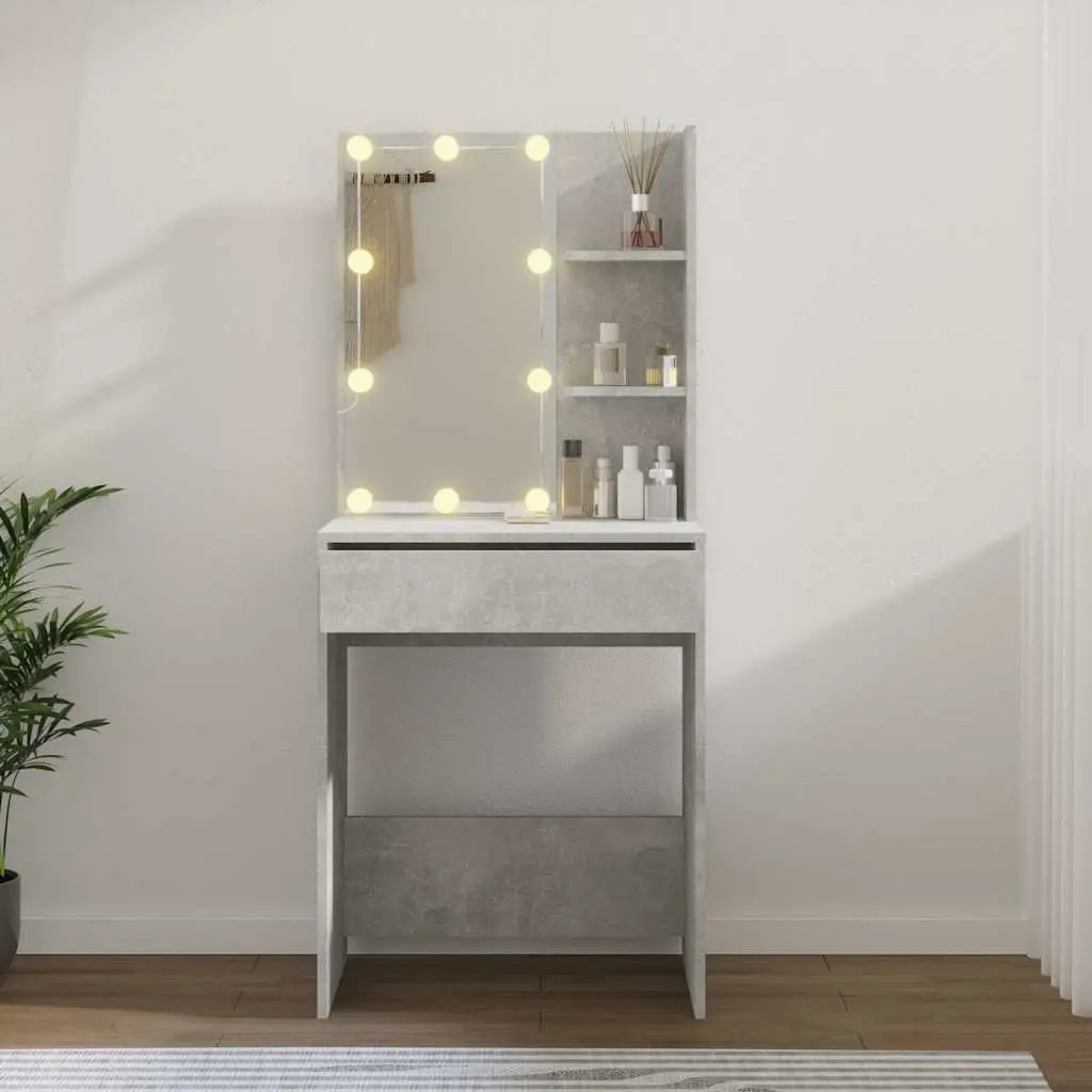 Dressing Table with LED Mirror Grey Makeup Vanity Storage Shelves Drawer