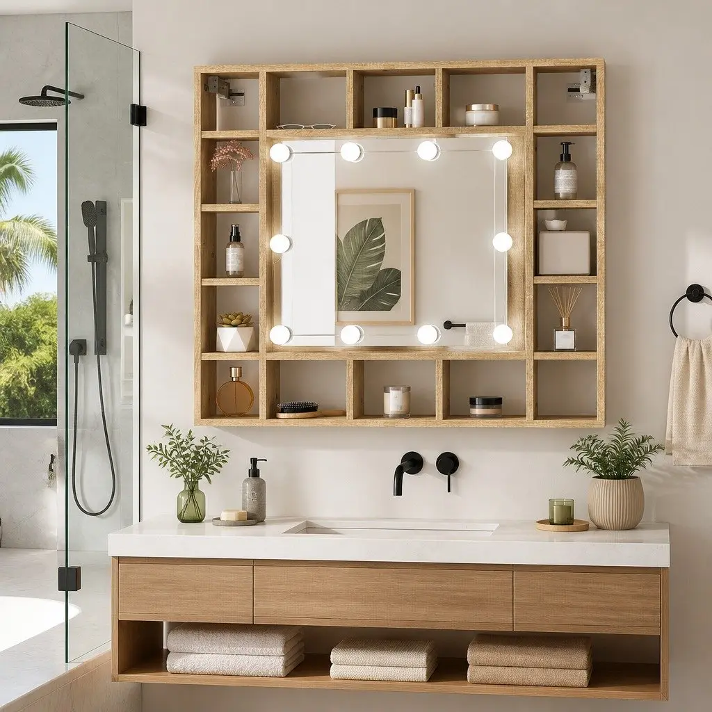 Bathroom Mirror Cabinet Wall-Mounted with LED Lights Brown 91 x 15 x 76.5 cm