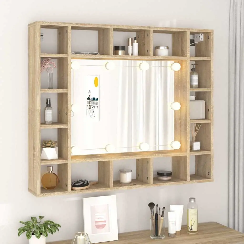 Bathroom Mirror Cabinet Wall-Mounted with LED Lights Brown 91 x 15 x 76.5 cm