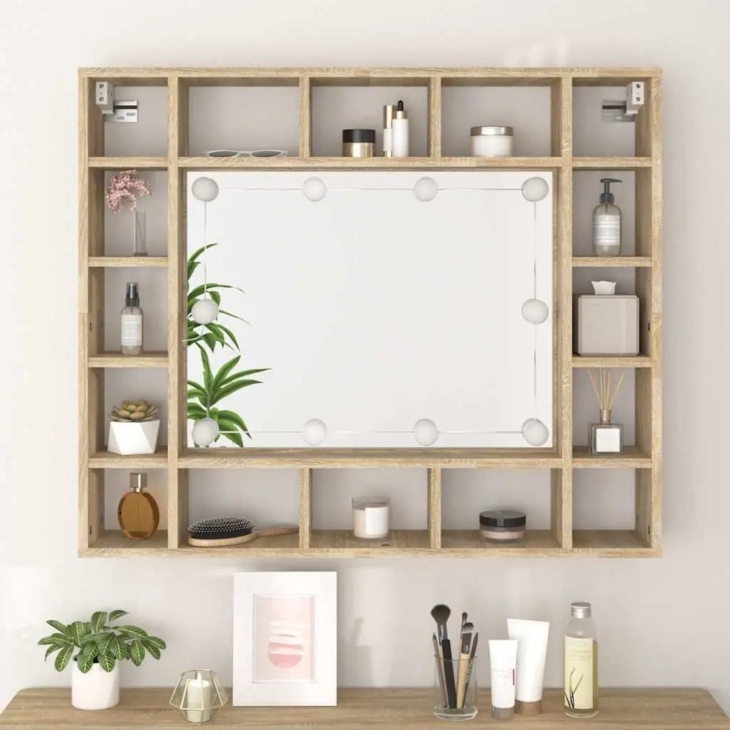 Bathroom Mirror Cabinet Wall-Mounted with LED Lights Brown 91 x 15 x 76.5 cm