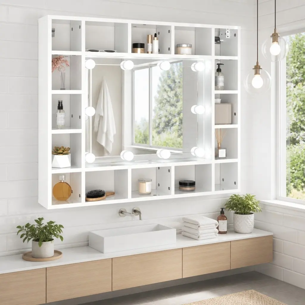 Bathroom Mirror Cabinet LED Wall-Mounted White 91x15x76.5cm