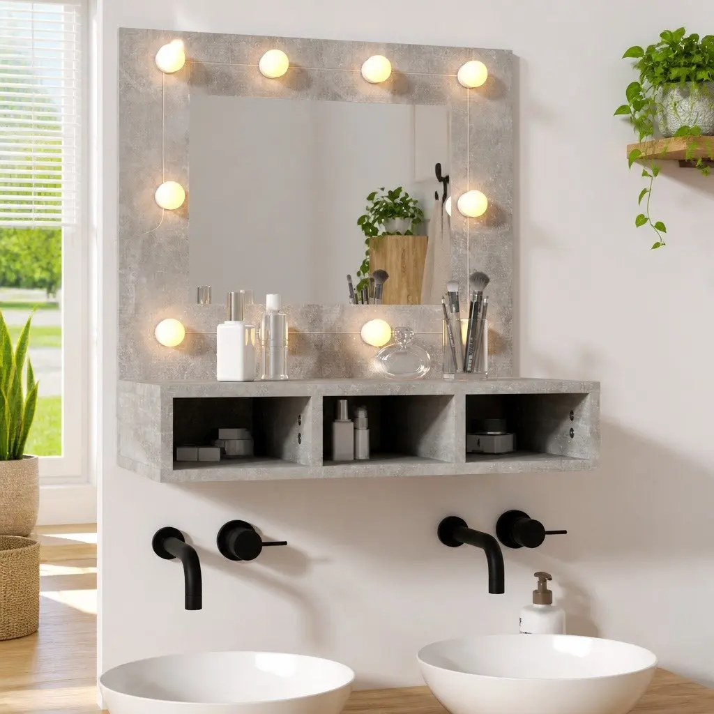 Mirror Cabinet Bathroom Use Grey 60 x 31.5 x 62 cm with LED Storage Shelves Wall Mounted